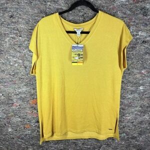 Orvis‎ Shirt Womens Small Mustard Yellow V Neck Short Sleeve Stretch Casual Top